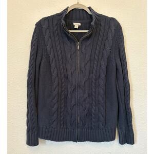 L.L. Bean Women's Double L Cable Sweater Zip Cardigan Blue Large Fisherman